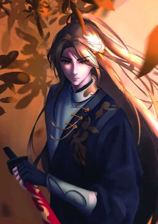 A digital portrait of a long-haired knight in dark robes under autumn leaves