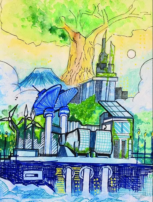 Watercolour and fineliner cityscape of a giant tree and garden skyscrapers above a blue harbour