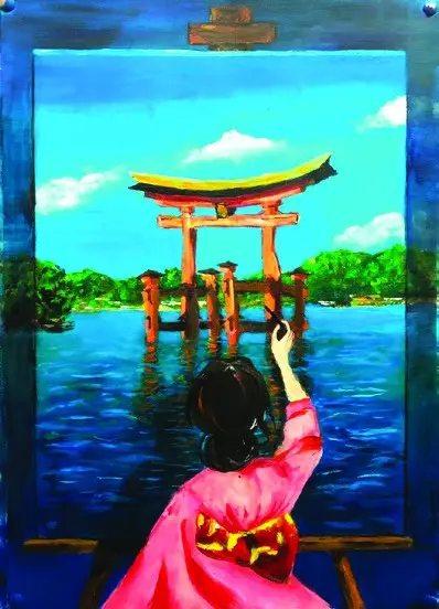 Acrylic painting of an artist at an easel painting a red torii gate (student work)
