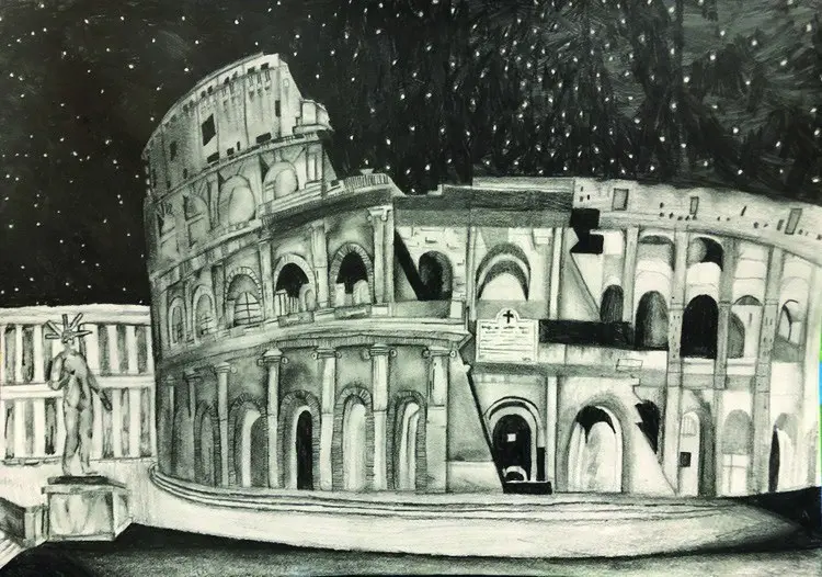 A charcoal drawing of the Colosseum under a starry night sky