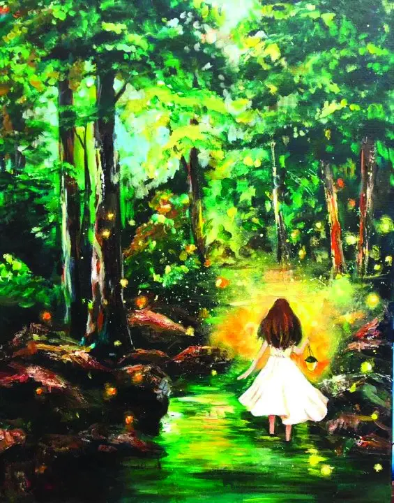 Girl in a white dress wading through a firefly-lit forest stream at dusk
