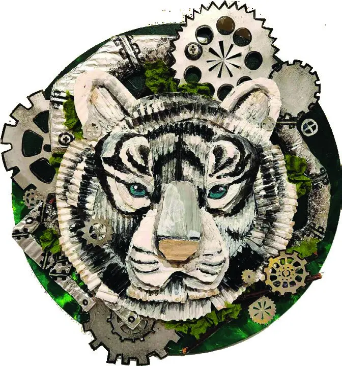 A relief collage of a white tiger head ringed by silver gears and moss