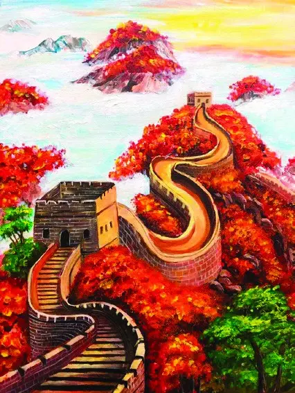 The Great Wall winding through flame-red autumn hills at sunset