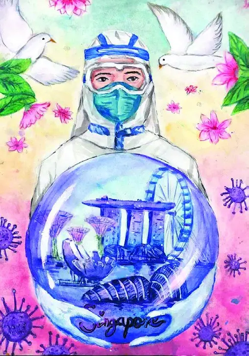 Watercolour tribute of a masked healthcare worker holding a snow globe of Singapore landmarks