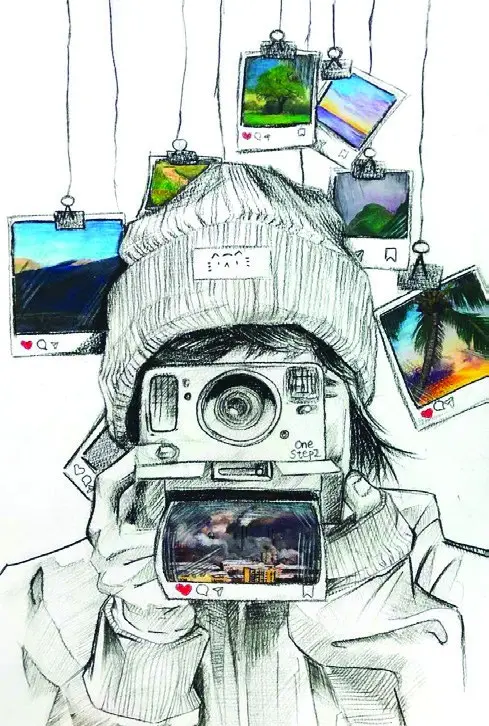 Pen drawing of a child in a beanie raising an instant camera, surrounded by hanging photos
