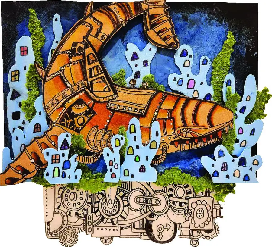 Mixed-media diorama of a copper steampunk shark (award-winning student work)
