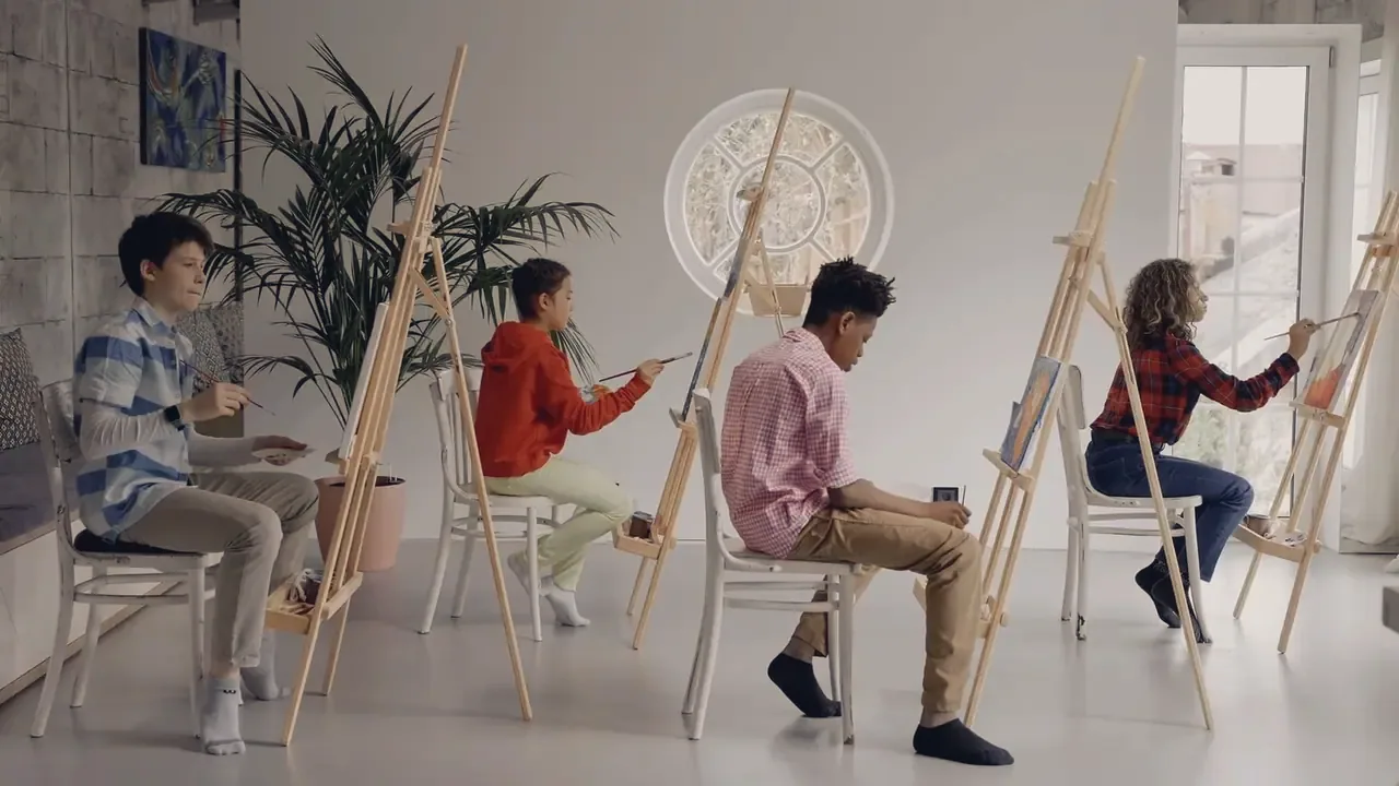 Teenagers painting at easels in a bright studio