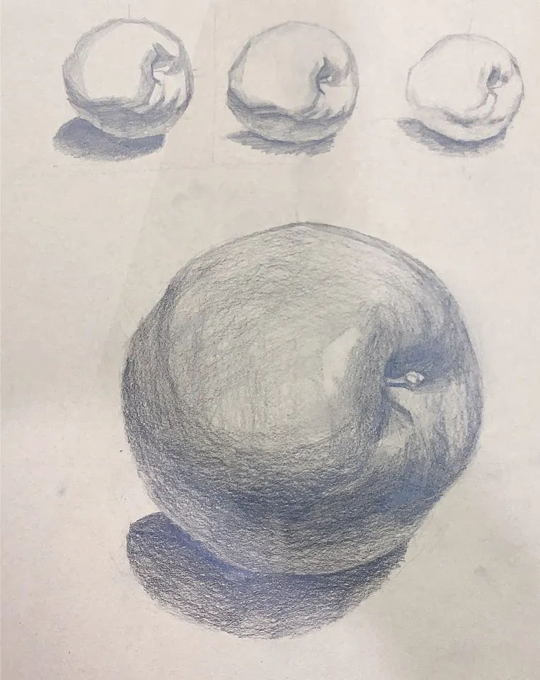 A pencil study sheet: three small apples worked up in tonal steps above one large, fully shaded apple