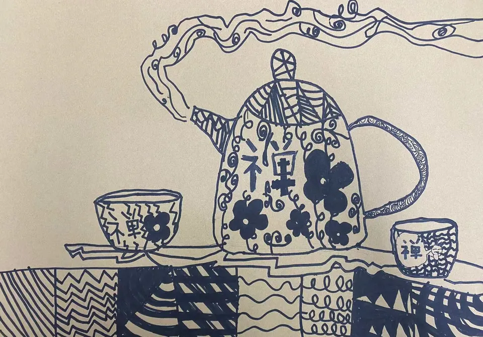 A teapot and two cups covered in line patterns on kraft paper, with patterned steam rising from the spout
