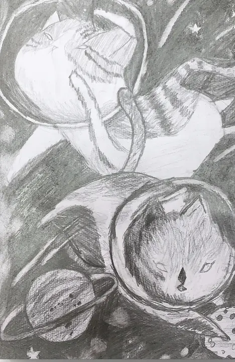 A pencil drawing of two cats floating in space helmets among planets and stars