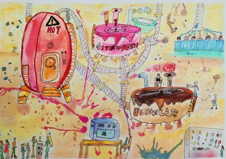 A busy chocolate factory with a rocket-shaped oven, conveyor belts and a giant cake