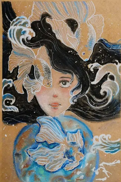 A girl whose flowing hair becomes ocean waves, with goldfish swimming through it