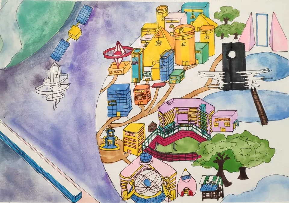 An aerial map of an imagined future city park with colourful towers, bridges, lakes and a monorail
