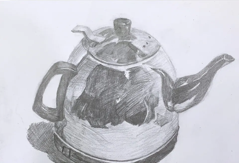 A pencil still life of a glass electric kettle, its reflections and a soft cast shadow