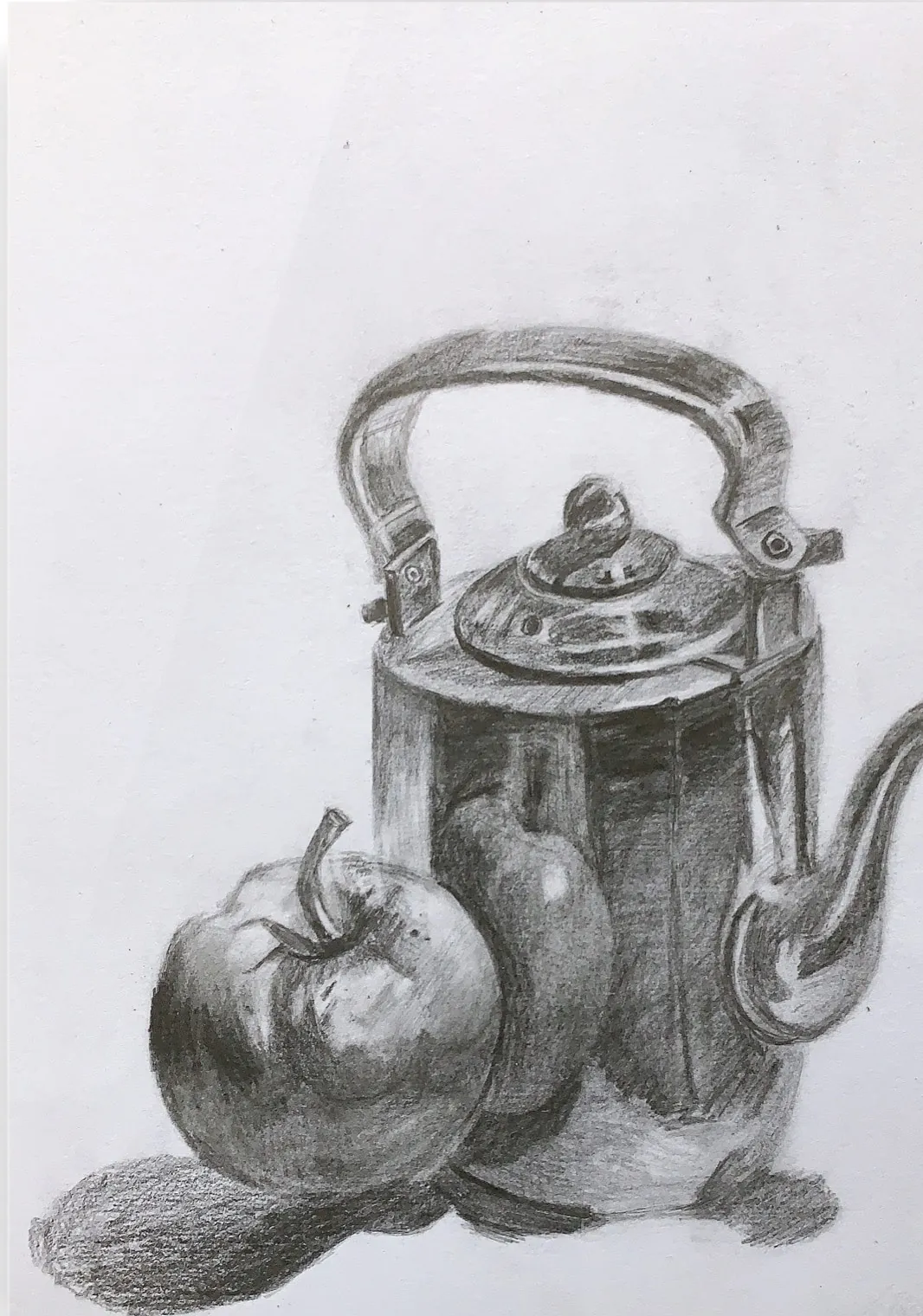 A pencil still life of a metal kettle with an apple and a pear casting strong shadows