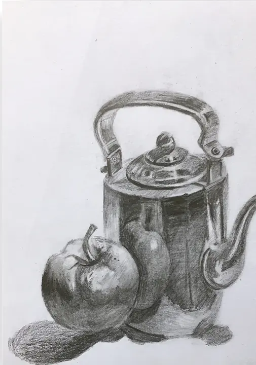 A pencil still life of a metal kettle with an apple and a pear casting strong shadows