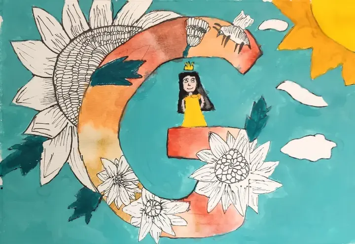 A large letter G wrapped in line-drawn sunflowers with a small figure standing inside it