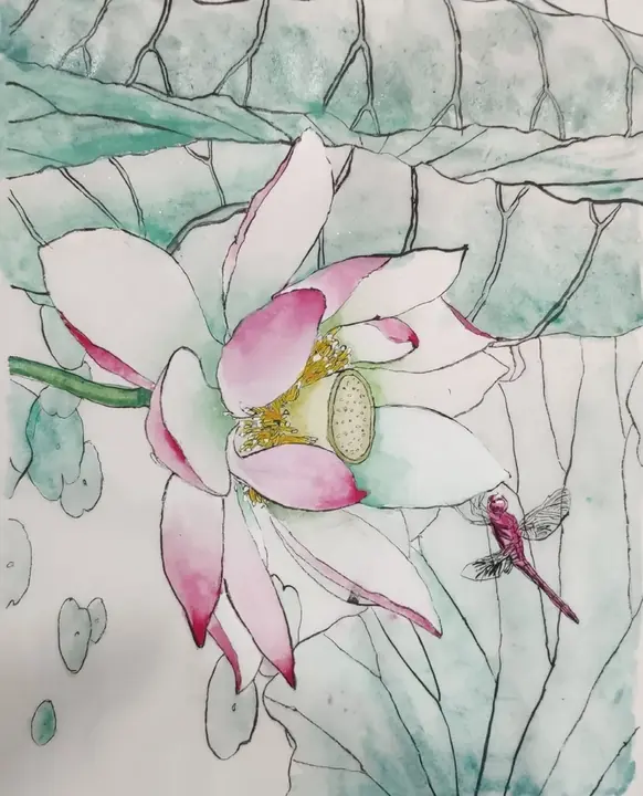 A gongbi painting of lotus blossoms and a dragonfly in layered mineral colour