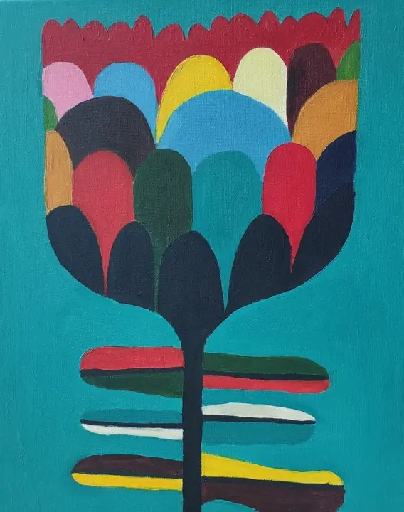 A protea flower built from bold blocks of colour on a teal ground, in acrylic on canvas