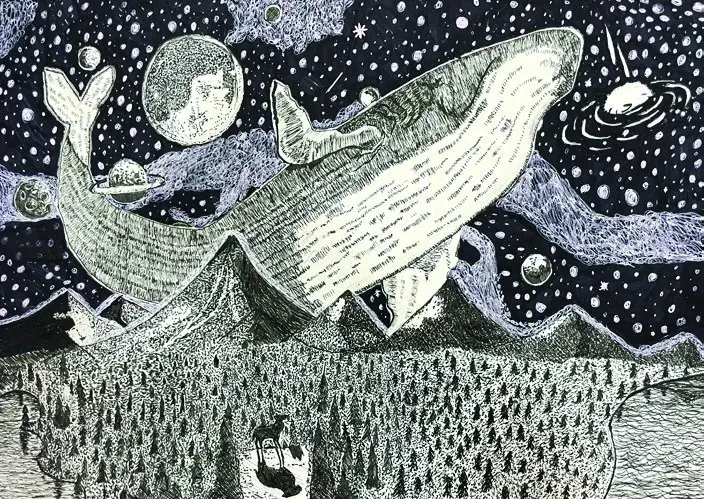 A scratchboard whale collaged from newspaper print gliding over a starry mountain range
