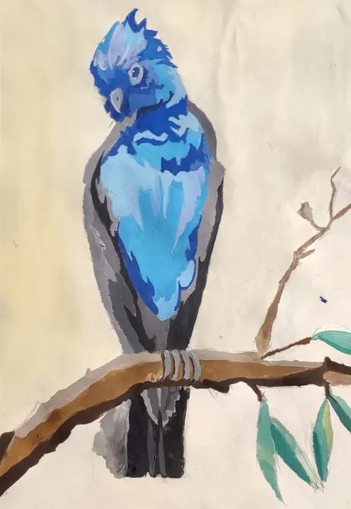 A blue cockatoo perched on a branch, painted in bold blocks of blue and grey gouache