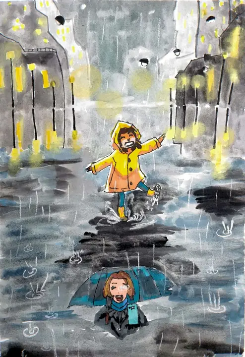 A child in a yellow raincoat splashing through a puddle in the rain, in loose watercolour