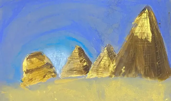Golden pyramids revealed in scratch art against a blue sky