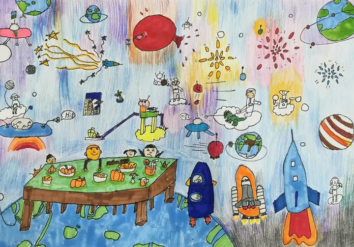 Astronauts sharing a feast at a long table floating in space, in marker and colour pencil
