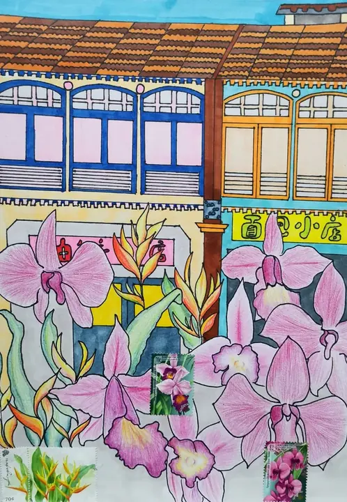 A postage stamp design of orchids and shophouses, with real stamps collaged in