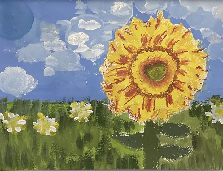 A large sunflower with a heavily textured oil pastel head against an acrylic sky and meadow