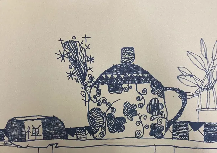 A teapot covered in fine line patterns on a shelf of decorated tiles, drawn in blue marker on kraft paper