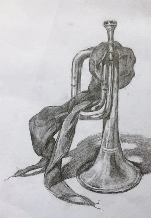 A pencil still life of an upright trumpet draped with a soft scarf