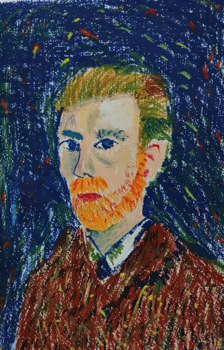 An oil pastel copy of a Van Gogh self-portrait in swirling strokes