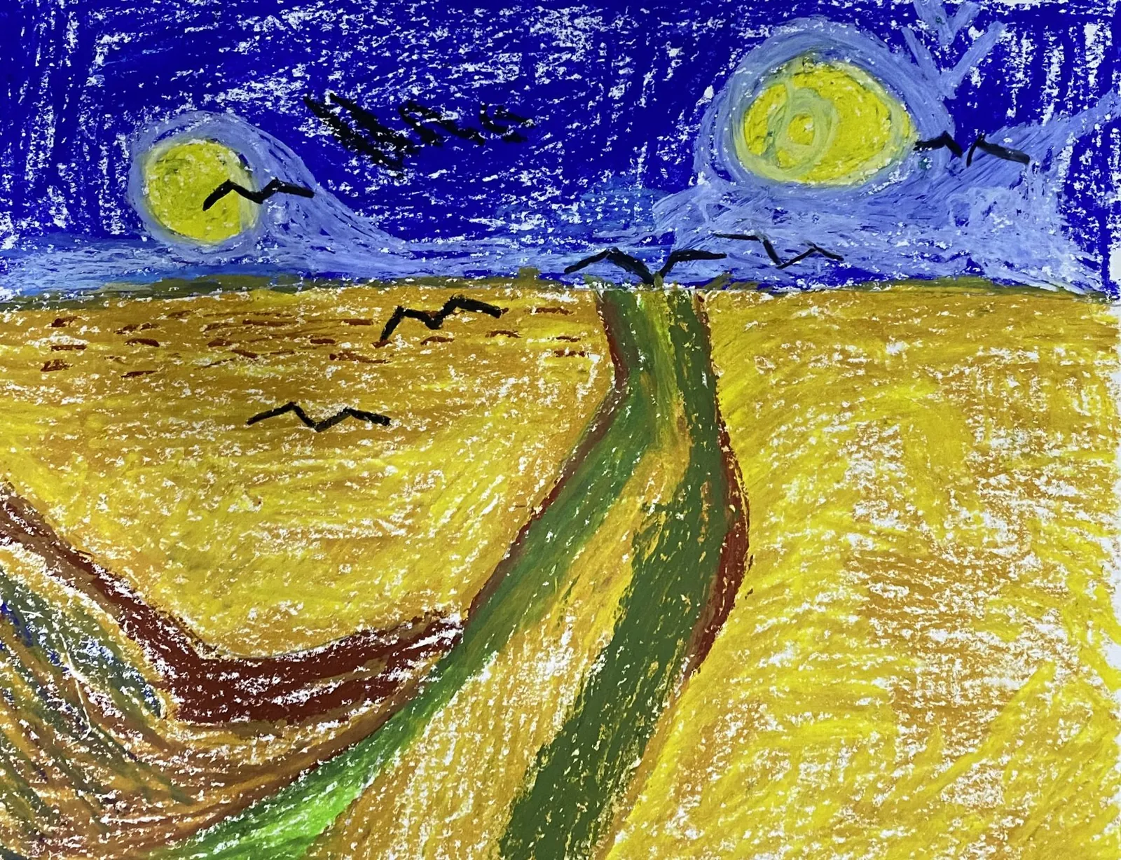 An oil pastel study after Van Gogh's wheatfield, with a winding path, two suns and flying crows