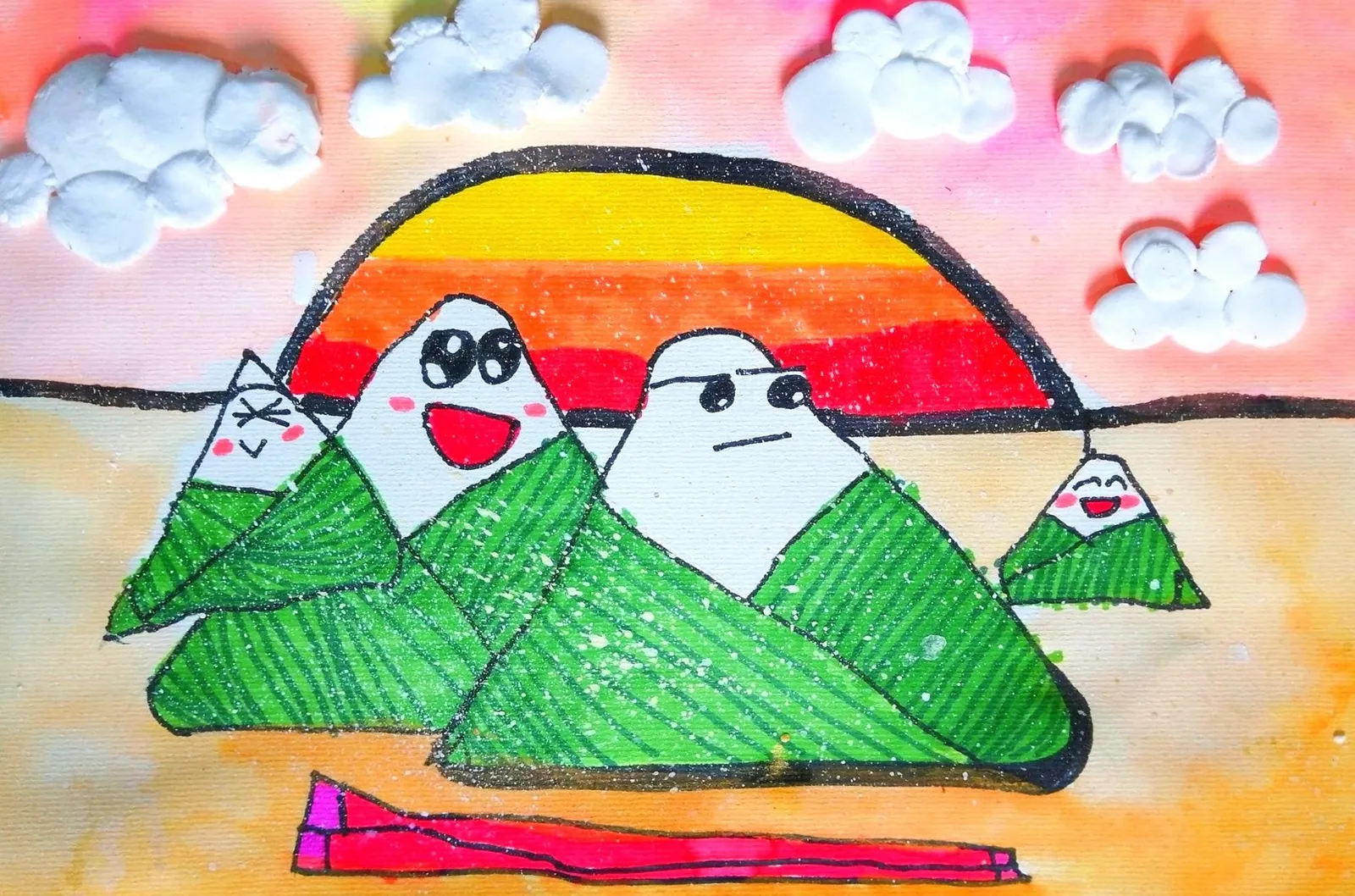 Smiling zongzi dumplings stacked like mountains under a striped sun and clay clouds