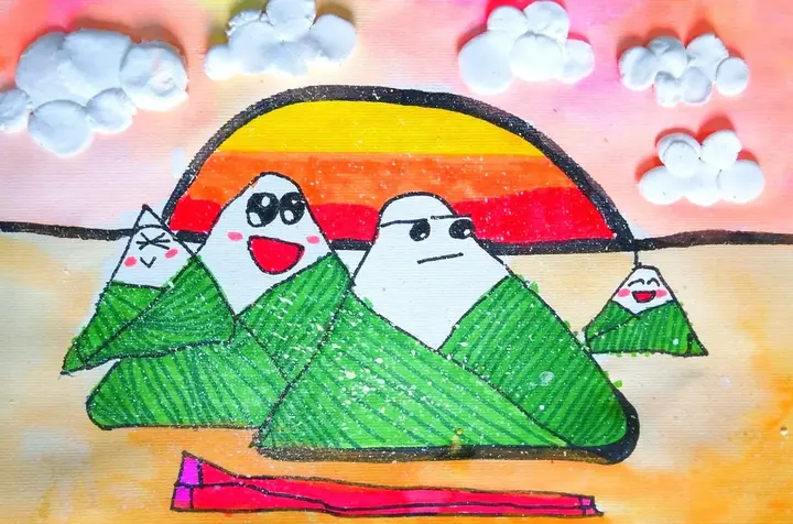 Smiling zongzi dumplings stacked like mountains under a striped sun and clay clouds