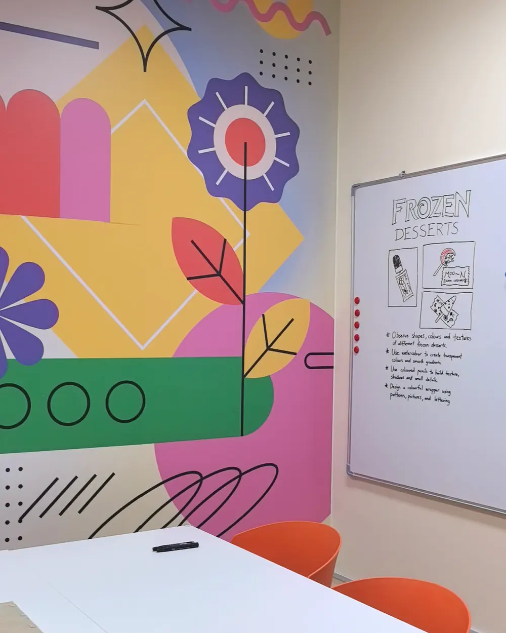 The pop-floral mural studio with its whiteboard