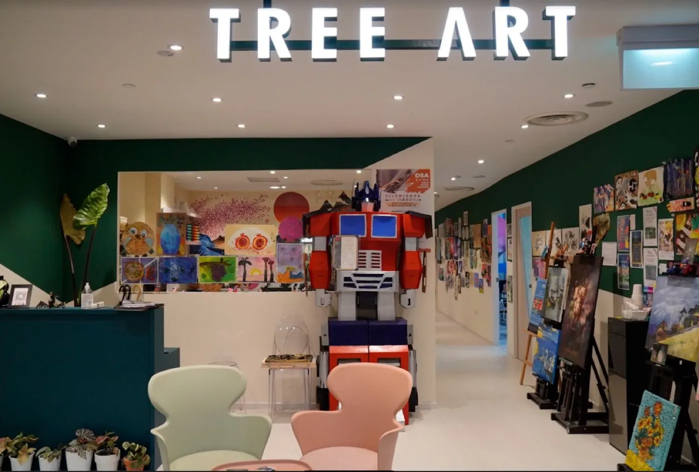 Inside our Paragon art centre — student art covering the walls